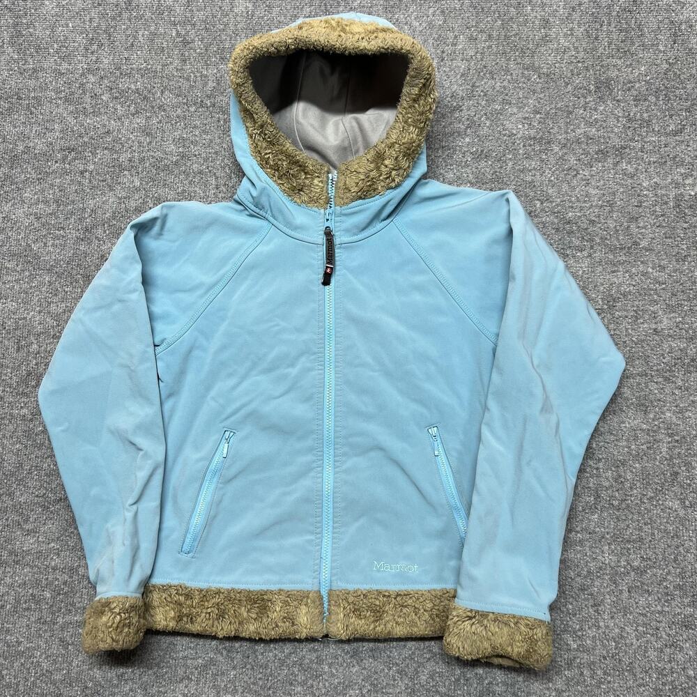 Marmot Jacket Womens Small Blue Hooded Softshell Fleece Lined Fur Trim Full Zip